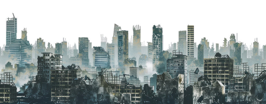 A post-apocalyptic cityscape skyline with ruins and smoke, cut out - stock png.