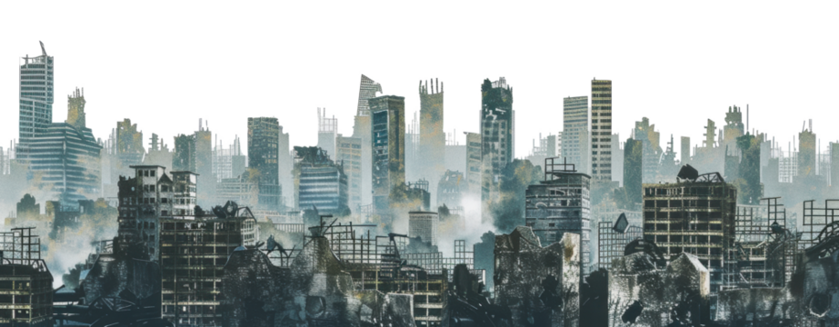A post-apocalyptic cityscape skyline with ruins and smoke, cut out - stock png.