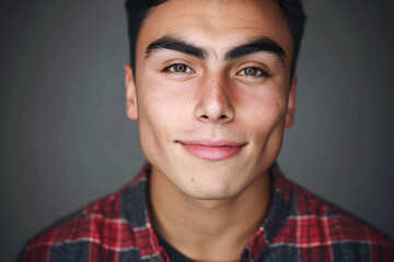 Obraz premium Close-up portrait of a young man of Latino descent, studio photo, against a sleek gray studio backdrop