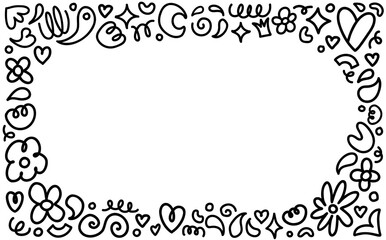 Flowers and paisley abstract doodles horizontal frame. Vector hand drawn black thin line illustration.