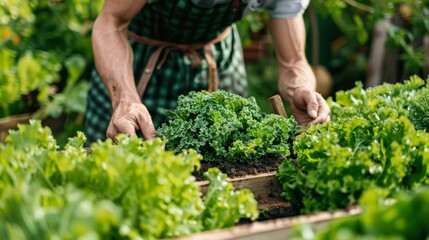 Gardener Harvesting Leafy Greens from Raised Garden Bed in Home Vegetable Garden