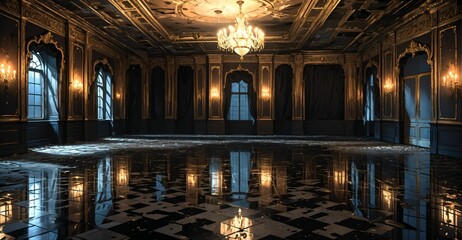 Obraz premium victorian baroque ballroom palace interior furniture design. aged old noble royal dark elegant empty mansion castle decor with intricate floor patterns.