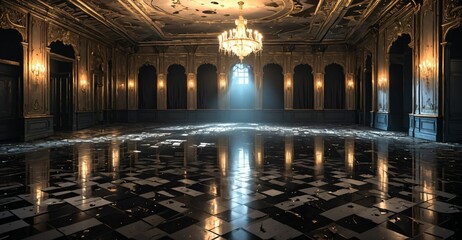 Obraz premium victorian baroque ballroom palace interior furniture design. aged old noble royal dark elegant empty mansion castle decor with intricate floor patterns.