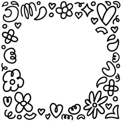 Flowers and paisley abstract doodles square border. Vector hand drawn black thin line illustration.