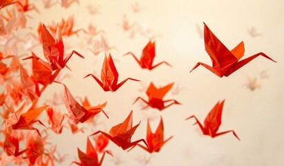 Flock of Red Origami Birds in Flight