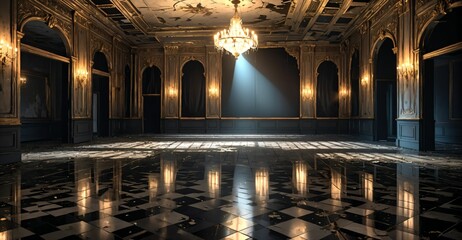 victorian baroque ballroom palace interior furniture design. aged old noble royal dark elegant empty mansion castle decor with intricate floor patterns.