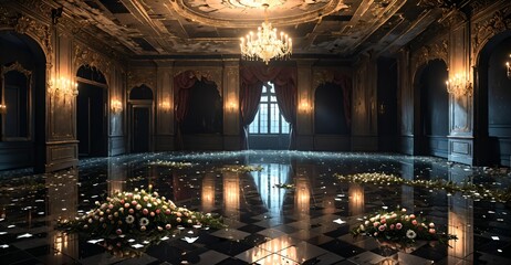 Obraz premium abandoned palace mansion castle interior and decor with reflective floor, flowers, petals, chandeliers, rubble, and debris. floral embellishments old gothic medieval house building ruins.