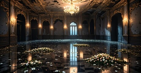Obraz premium abandoned palace mansion castle interior and decor with reflective floor, flowers, petals, chandeliers, rubble, and debris. floral embellishments old gothic medieval house building ruins.