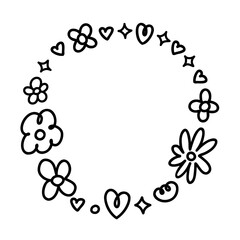 Flowers stars and hearts decorated round frame. Line black hand drawn doodle style illustration.