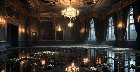 abandoned palace mansion castle interior and decor with reflective floor, flowers, petals, chandeliers, rubble, and debris. floral embellishments old gothic medieval house building ruins.