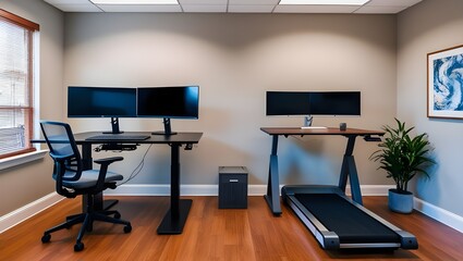 An office room with a standing desk, dual monitors, and a treadmill desk setup. 