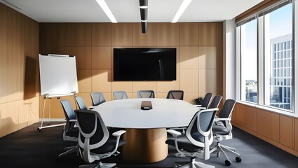  A modern office space with a large conference table, ergonomic chairs, and a whiteboard on the wall. 
