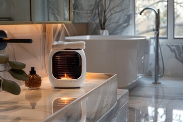 Portable Compact Heater in Chic Spa-Like Bathroom with Sleek Fixtures for Warm Relaxing Ambiance