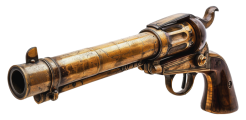 Antique brass revolver with long barrel and intricate detailing, cut out - stock png.
