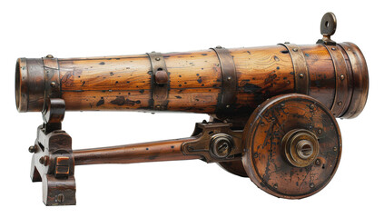 Wooden cannon with metal bands and brass accents, cut out - stock png.