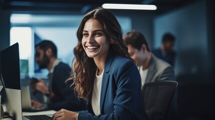 Obraz premium Portrait a happy businesswoman working at office desk
