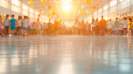 Colorful school event with children in blurry background and bright lighting in gymnasium