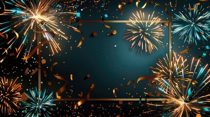 Festive fireworks display in the night sky with gold and blue celebration highlights and confetti framing a blank space for text.