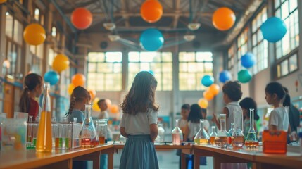 Children engaging in science experiments at school workshop with colorful balloons