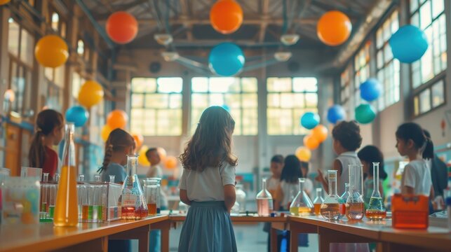 Children engaging in science experiments at school workshop with colorful balloons