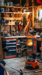 Fototapeta premium Warm Garage Workshop with Portable Propane Heater and Organized Tools for Winter Projects