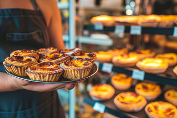 A man holding a plate of freshly baked pastel de nata with custard in a bakery