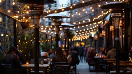 Lively Outdoor Restaurant Scene with Black Patio Heaters and String Lights at Dusk