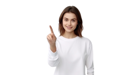 Portrait of charming young lady promoter direct fingers blank space ad ads wear casual clothes isolated white color background.