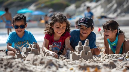 Summer Freedom Beachside Celebration with Families Building Sandcastles and Enjoying Patriotic Music