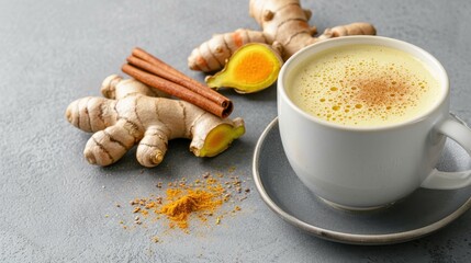 A cup of coffee with cinnamon and ginger on a table