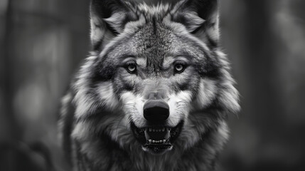 Obraz premium Greyscale closeup shot of an angry wolf with a blurred background.