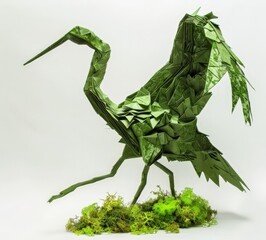 Obraz premium Origami Crane with Green Moss Base