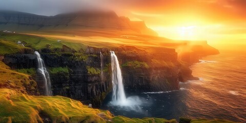 Fototapeta premium Sunset Over the Dramatic Cliffs and Waterfalls of the Faroe Islands