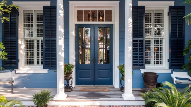 historic townhouse with meticulously restored Bahama shutters in deep blue, preserving architectural heritage while adding modern functionality