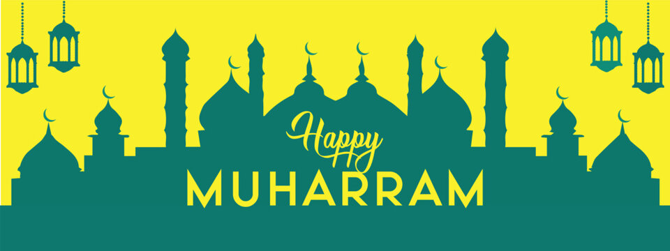 Happy Muharram vector Illustration | Islamic New Year |With Yellow Background and Grey Mosque and grey lantern |Islamic new Year |Muslim Holiday Day .