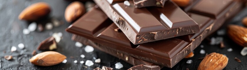 A stack of chocolate bars with almonds on top