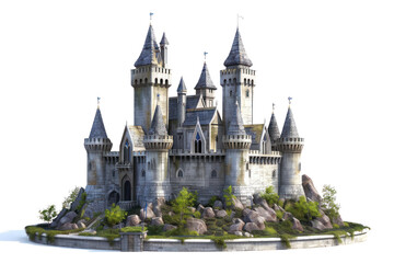 Fototapeta premium Majestic medieval castle with tall spires and fortified walls, surrounded by lush greenery, perfect for fantasy and historical themes.