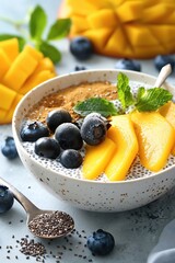 Chia seed pudding topped with fresh mango slices, blueberries, and mint in a white bowl, perfect for a healthy and delicious breakfast or snack.