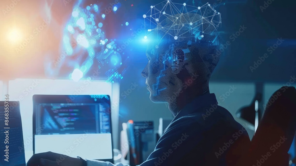Poster man working with futuristic virtual human interface displaying holographic data in high-tech setting