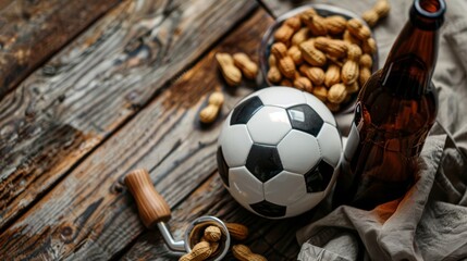Soccer Night Essentials: Beer, Peanuts, and Referee Whistle on Rustic Wooden Table