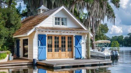 Fototapeta premium lakeside boathouse with nautical blue Bahama shutters, enhancing the waterfront charm