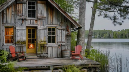 lakeside cabin with Bahama shutters in weathered wood, enhancing the rustic charm while providing privacy and protection