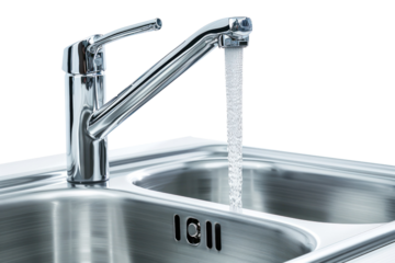 Modern stainless steel kitchen sink with running water, featuring a sleek faucet design, perfect for contemporary home interiors.