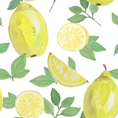 Seamless pattern with hand drawn elements. Fruit pattern with lemons