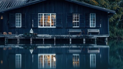 lakeside cabin with deep navy Bahama shutters, reflecting the tranquility of the water