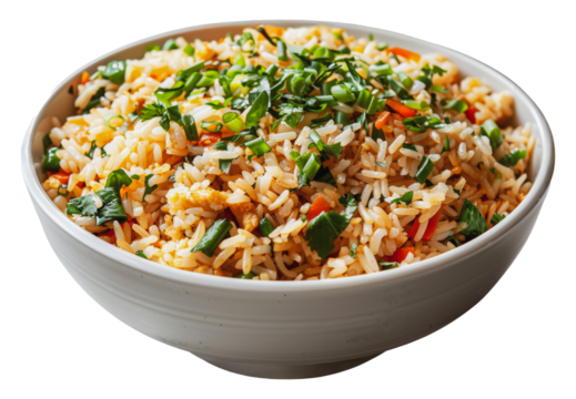 Close-up of a bowl of chicken fried rice with green onions, cut out - stock png.
