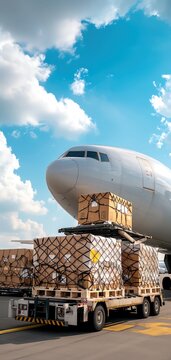 Cargo plane being loaded with shipping containers at an airport on a sunny day, symbolizing logistics and global trade.