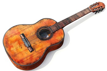 High-quality image of an acoustic guitar with a beautiful wood finish, isolated on white background. Perfect for music-related designs.