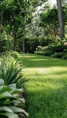 Obraz premium Lush green garden pathway surrounded by dense foliage and tall trees, creating a serene and peaceful natural environment.