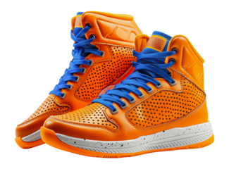 New orange basketball shoes with blue laces, cut out - stock png.